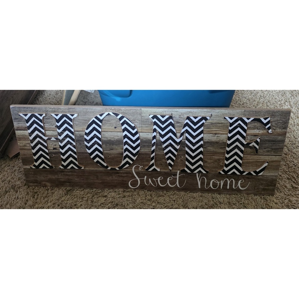 Home Sweet Home Sign Wood Black & White Chevron Farm House Rustic Decor 28 x 10